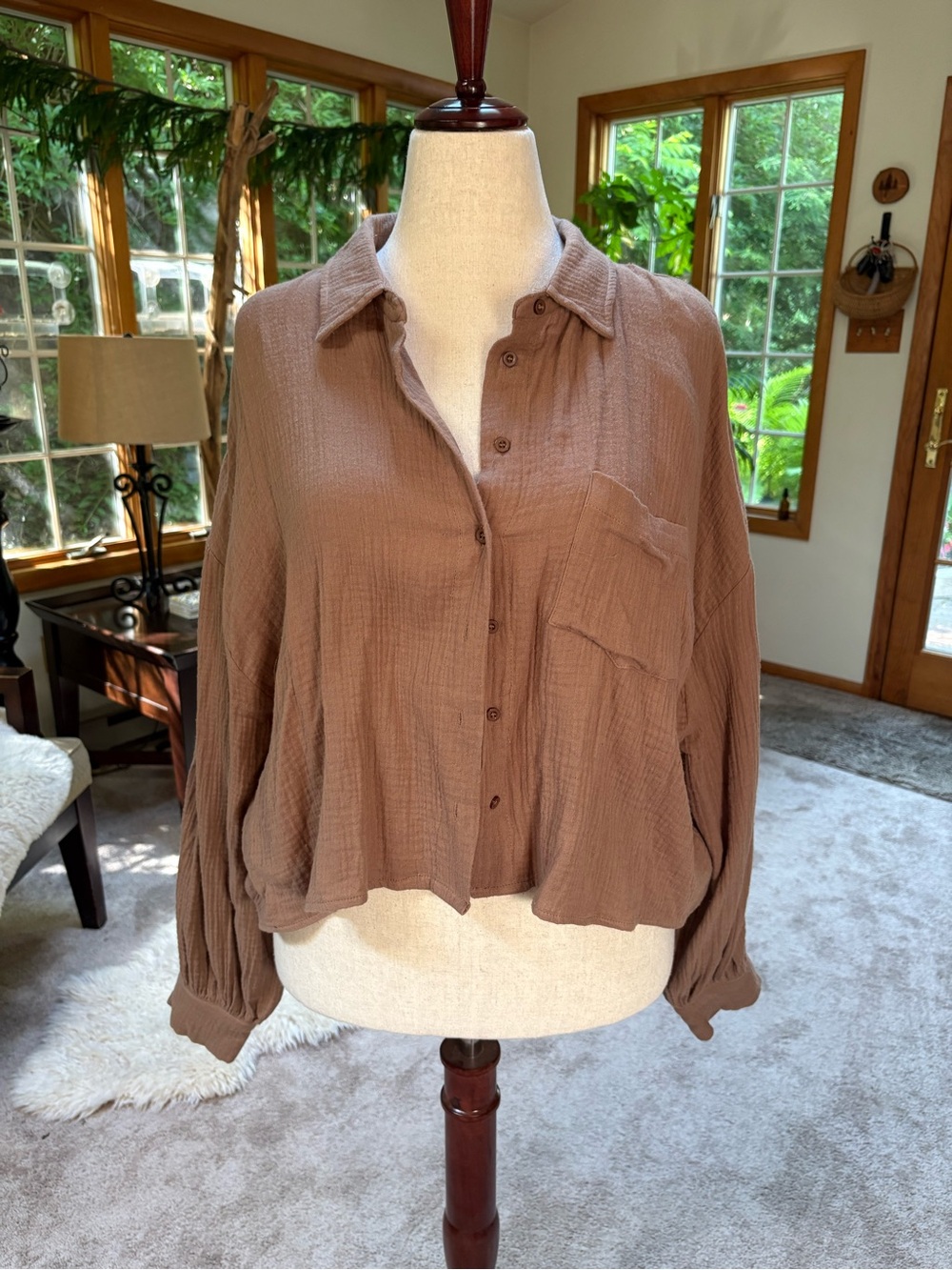 NWOT Altar'd State Brown Cotton Gauze Button-Down Shirt